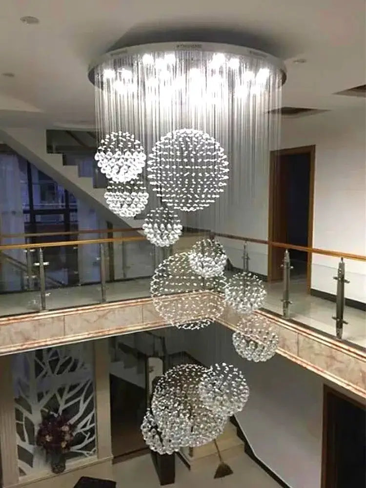 Modern led spiral crystal ball chandelier with cascading clear glass beads and crystal strands by decorbites crystal ball