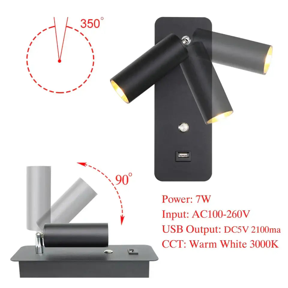 Black wall-mounted led wall lights with three adjustable arms and usb charging port for bedroom decorbites led wall use
