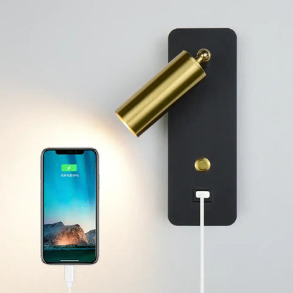 Modern black led wall lights with gold cylindrical head and integrated usb charging port for bedroom decorbites sconce