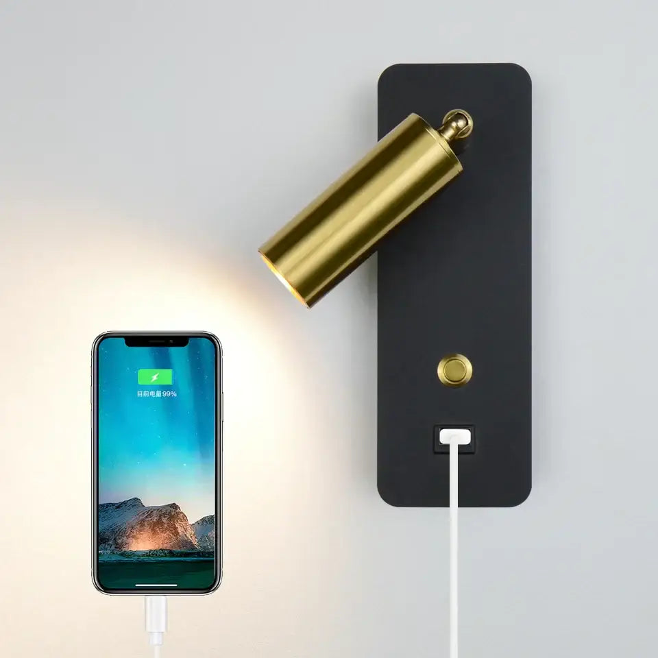 Modern black led wall lights with gold cylindrical head and integrated usb charging port for bedroom decorbites sconce