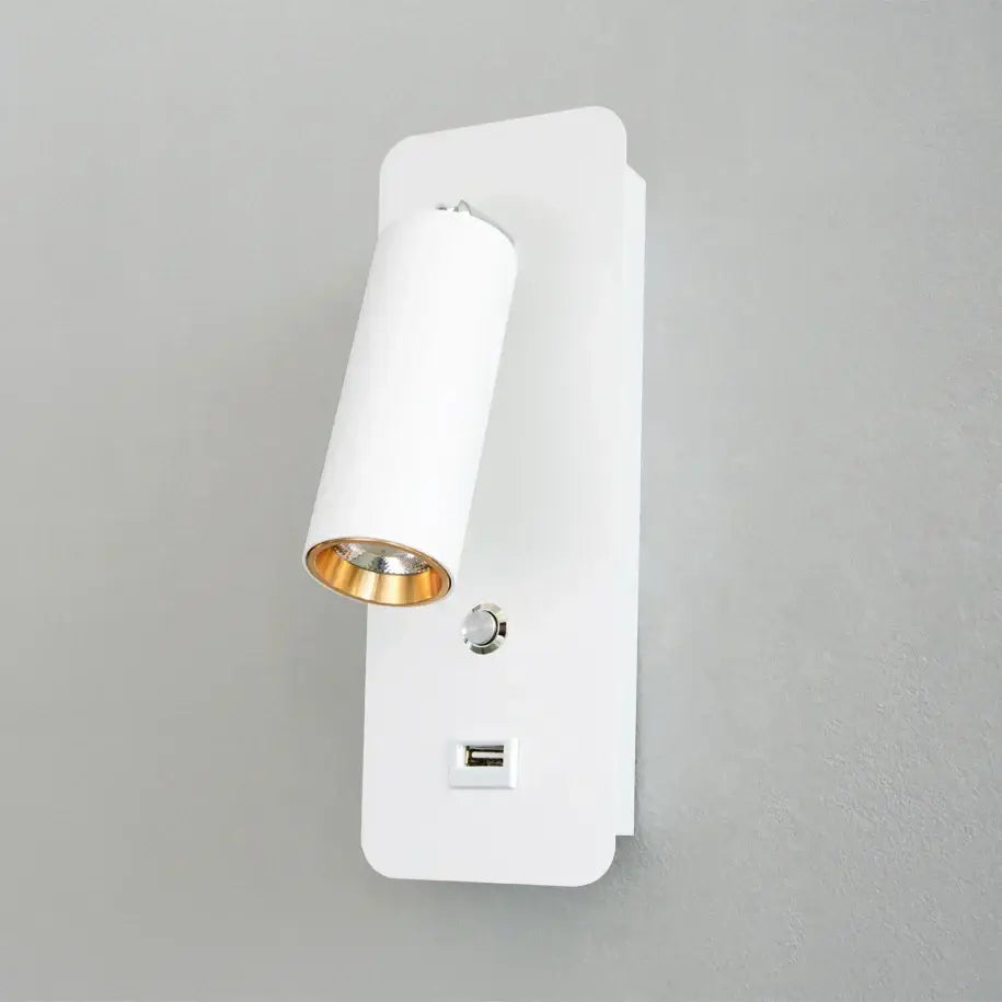 White wall-mounted led wall light with cylindrical gold interior head and usb charging port for bedroom decorbites led wall