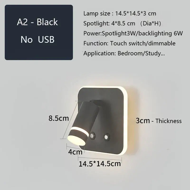 Black a2 modern led wall sconce with usb charging port and adjustable spotlight for bedroom reading decorbites led wall lighting