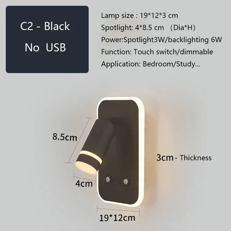 Black c2 wall sconce with adjustable spotlight, backlit panel, and usb charging port for bedroom reading light decorbites led wall