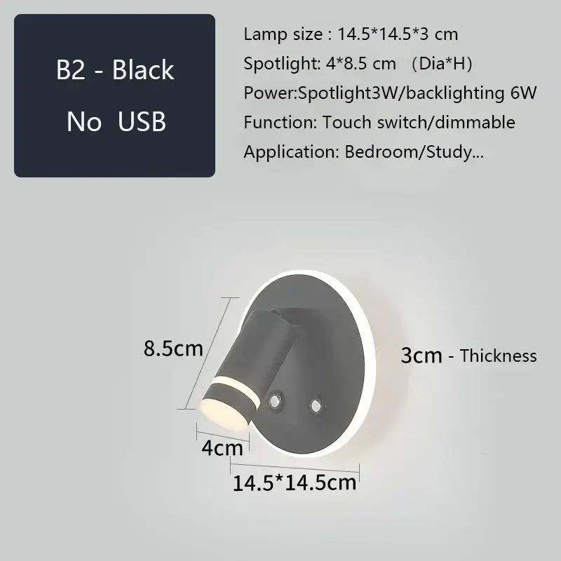 Black b2 led wall sconce with circular base and adjustable head featuring usb charging for bedroom reading light decorbites led wall