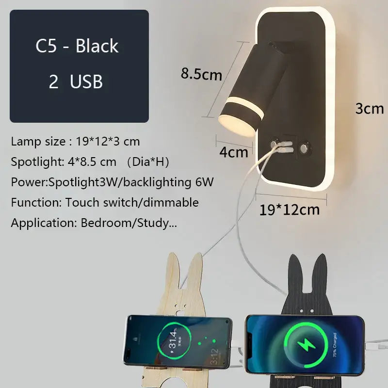 Black c5 led wall sconce with two usb ports touch switch integrated spotlight and backlit design for bedroom reading light