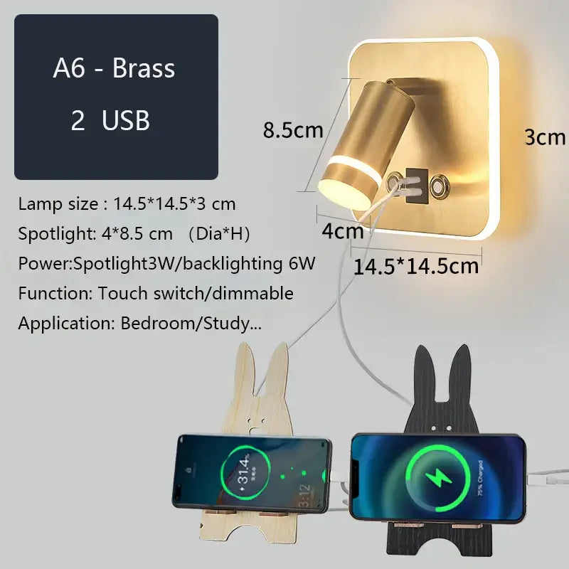 Gold brass wall sconce with two usb ports and touch switch dimmable lighting decorbites led wall reading light
