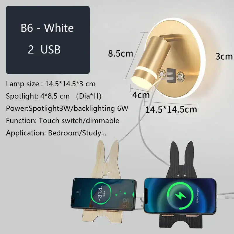 Gold-finished modern led wall sconce with usb charging ports touch switch and integrated backlighting for bedroom reading light