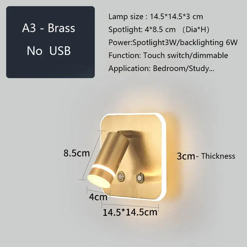 A sleek brass decorbites led wall sconce with adjustable head and backlit panel for bedroom reading light