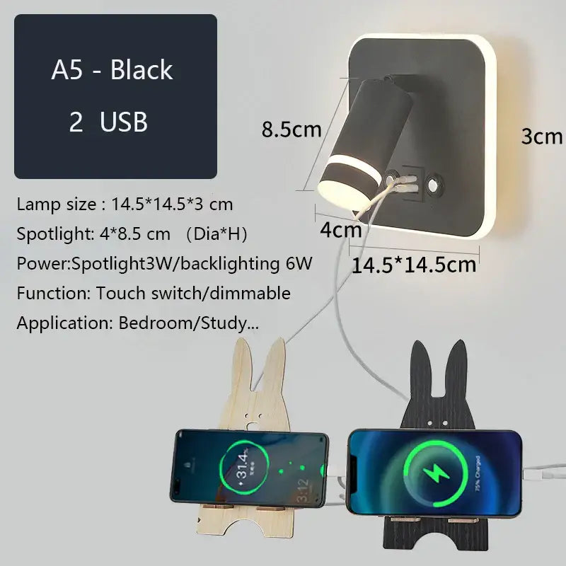 Modern led wall sconce black a5 with usb charging port and touch switch featuring integrated spotlight for bedroom decorbites led wall