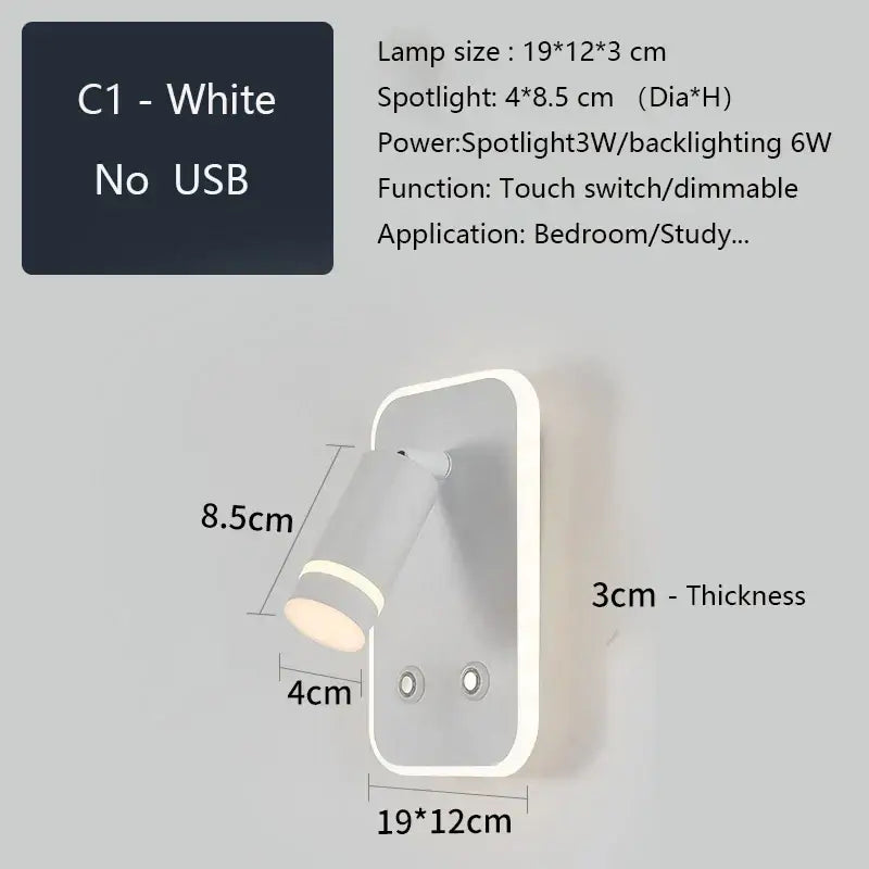 White c1 wall sconce with touch switch dimmable spotlight usb charging port modern led wall sconce decorbites led wall