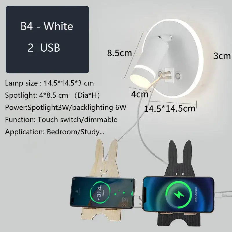 Modern led wall sconce white wall sconce with two usb ports and circular backlit decorbites led wall for bedroom reading light