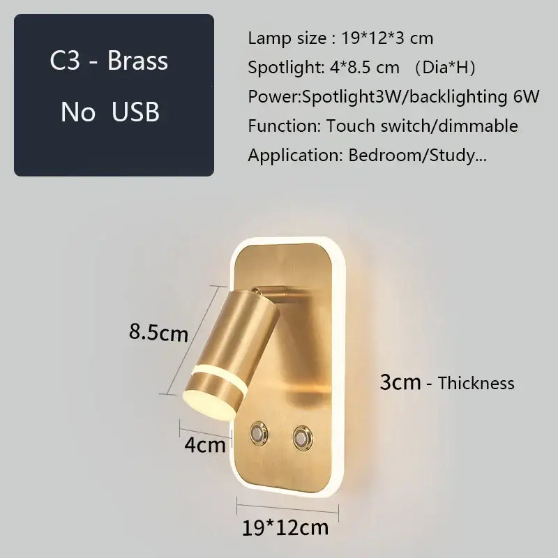Modern brass led wall sconce with adjustable spotlight and usb charging port for bedroom reading light decorbites led wall