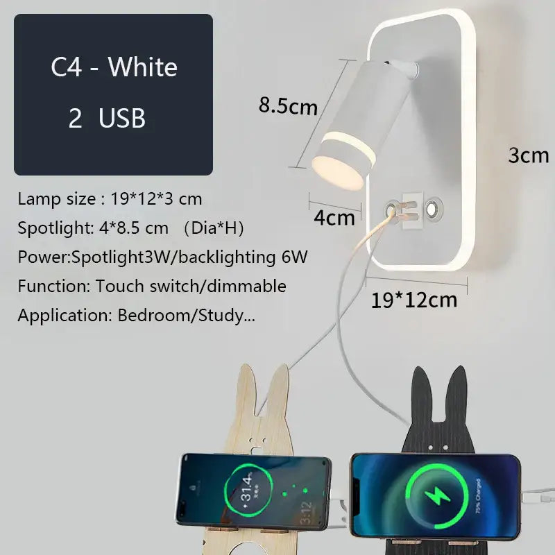 White c4 modern led wall sconce with dimmable spotlight touch switch and two usb ports for bedroom reading light decorbites led wall