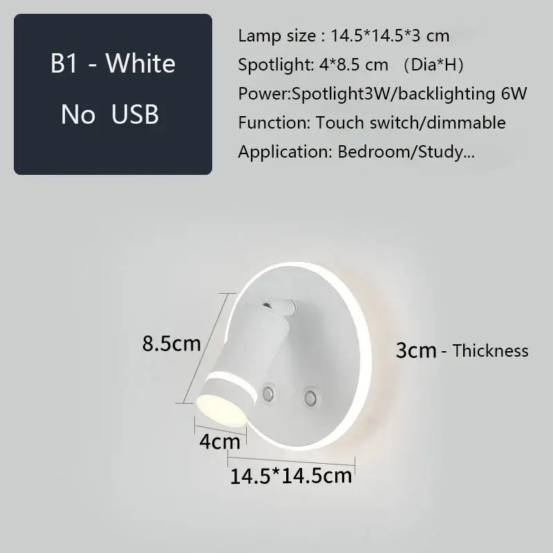 White b1 model wall sconce with adjustable led lighting touch switch and usb charging port for bedroom reading light
