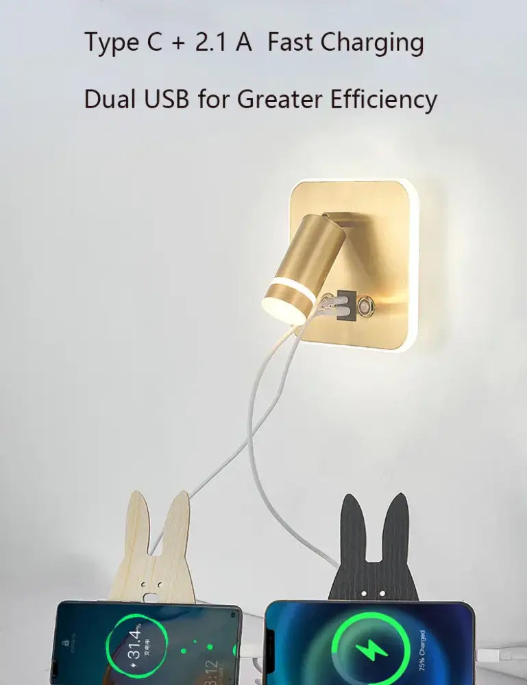 Gold-colored modern led wall sconce with dual usb charging ports for bedroom reading light decorbites led wall sconce