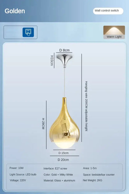 Modern led water droplet ceiling chandelier with golden glass and aluminum pendant light featuring warm white led decorbites led water