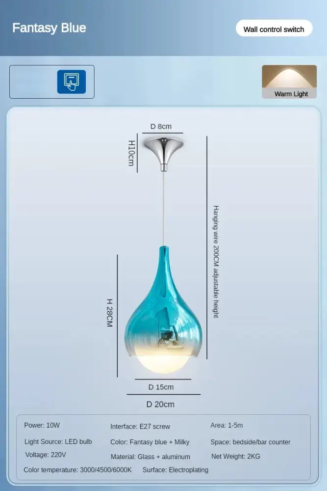 Modern led water droplet ceiling chandelier with fantasy blue gradient glass pendant and aluminum fixture for dining room decorbites led water