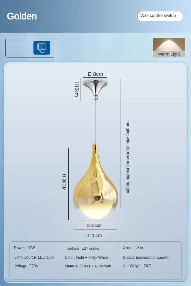 Golden teardrop shaped led water droplet ceiling chandelier with glass aluminum construction and warm white illumination