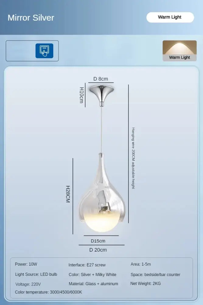 Modern led water droplet ceiling light with mirror silver teardrop pendant and warm white led illumination in glass and aluminum