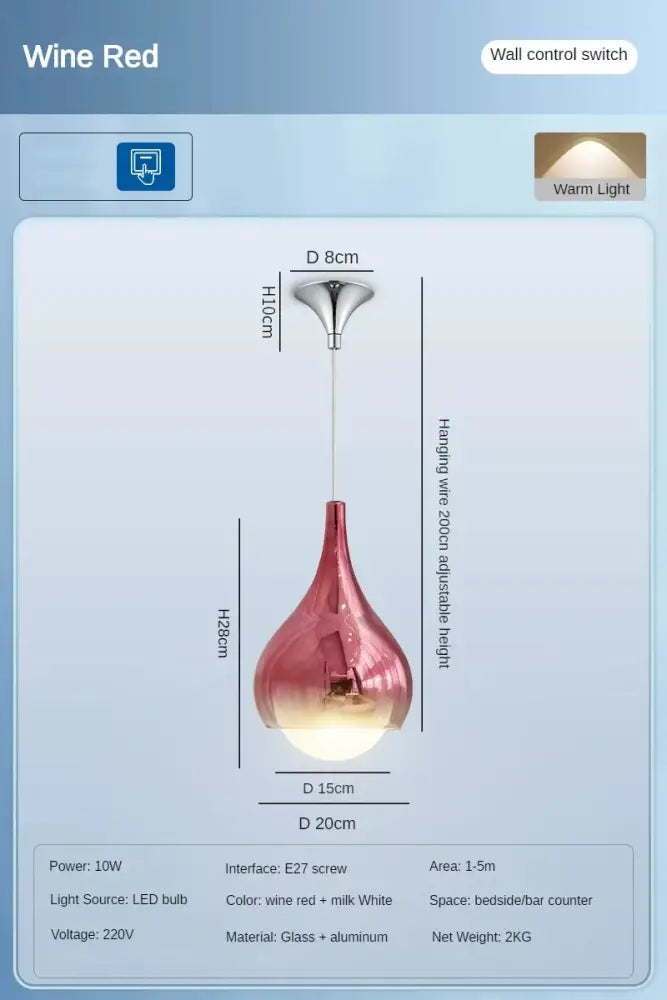Modern led water droplet ceiling chandelier with sleek wine red and milk white gradient glass and aluminum fixture