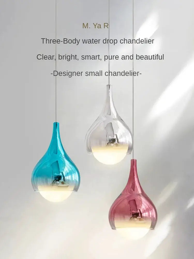 Modern led water droplet ceiling chandelier with three-body clear blue and pink gradient glass for dining room decorbites led water