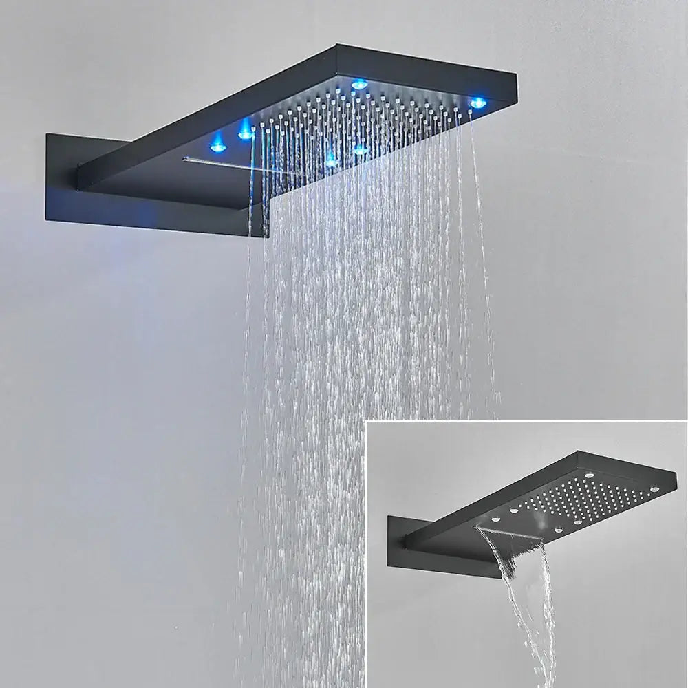 Black rectangular led waterfall shower head with multiple water jets and blue led lights for modern bathroom use
