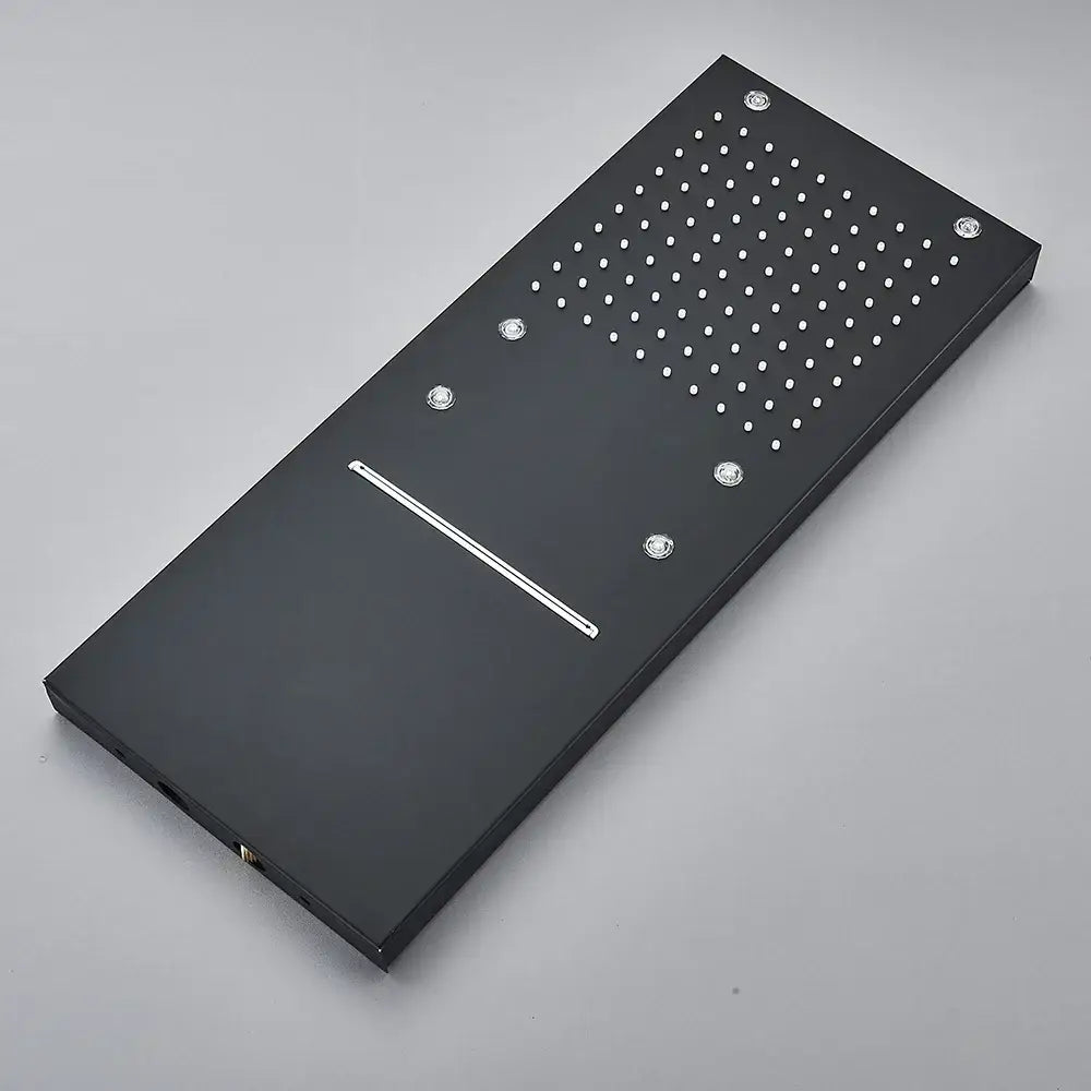 Black rectangular matte shower head with led waterfall design and silver screws for modern waterfall shower head bathroom faucet