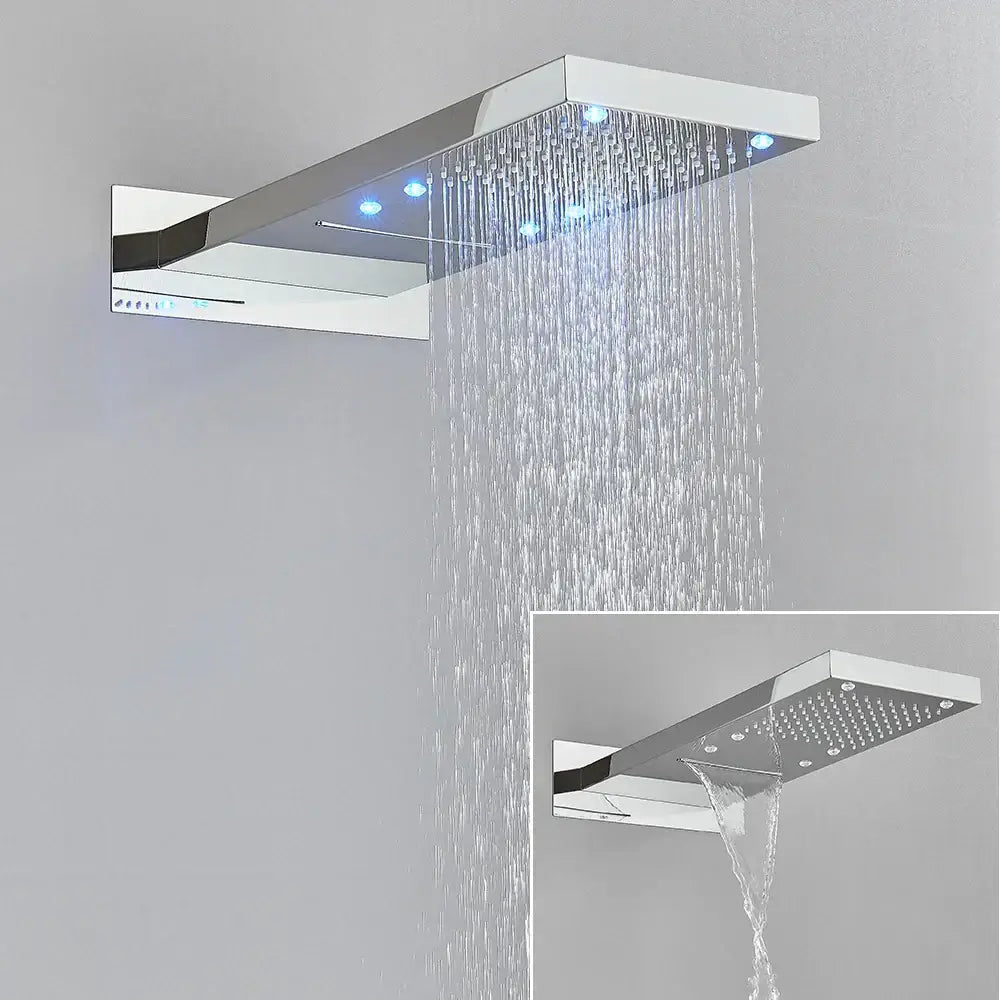 Modern chrome-finished led waterfall shower head with blue led lighting and multiple spray settings for bathroom use