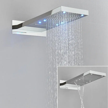 Modern chrome-finished led waterfall shower head with blue led lighting and multiple spray settings for bathroom use