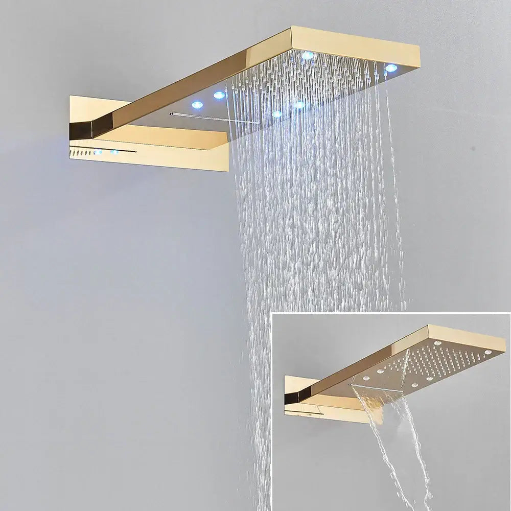 Gold-colored rectangular led waterfall shower head with integrated blue led lights and multiple water spray settings
