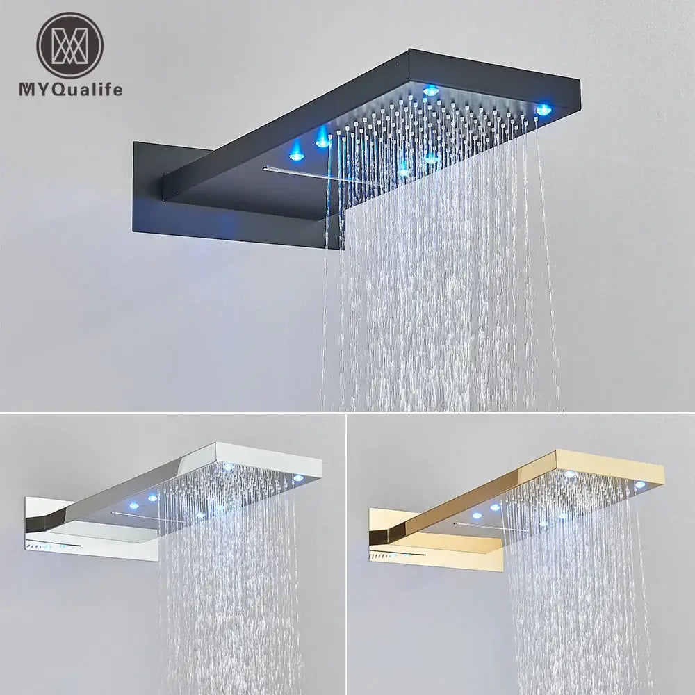 Modern led waterfall shower head with sleek black chrome or gold finish and blue led lights for bathroom faucet use