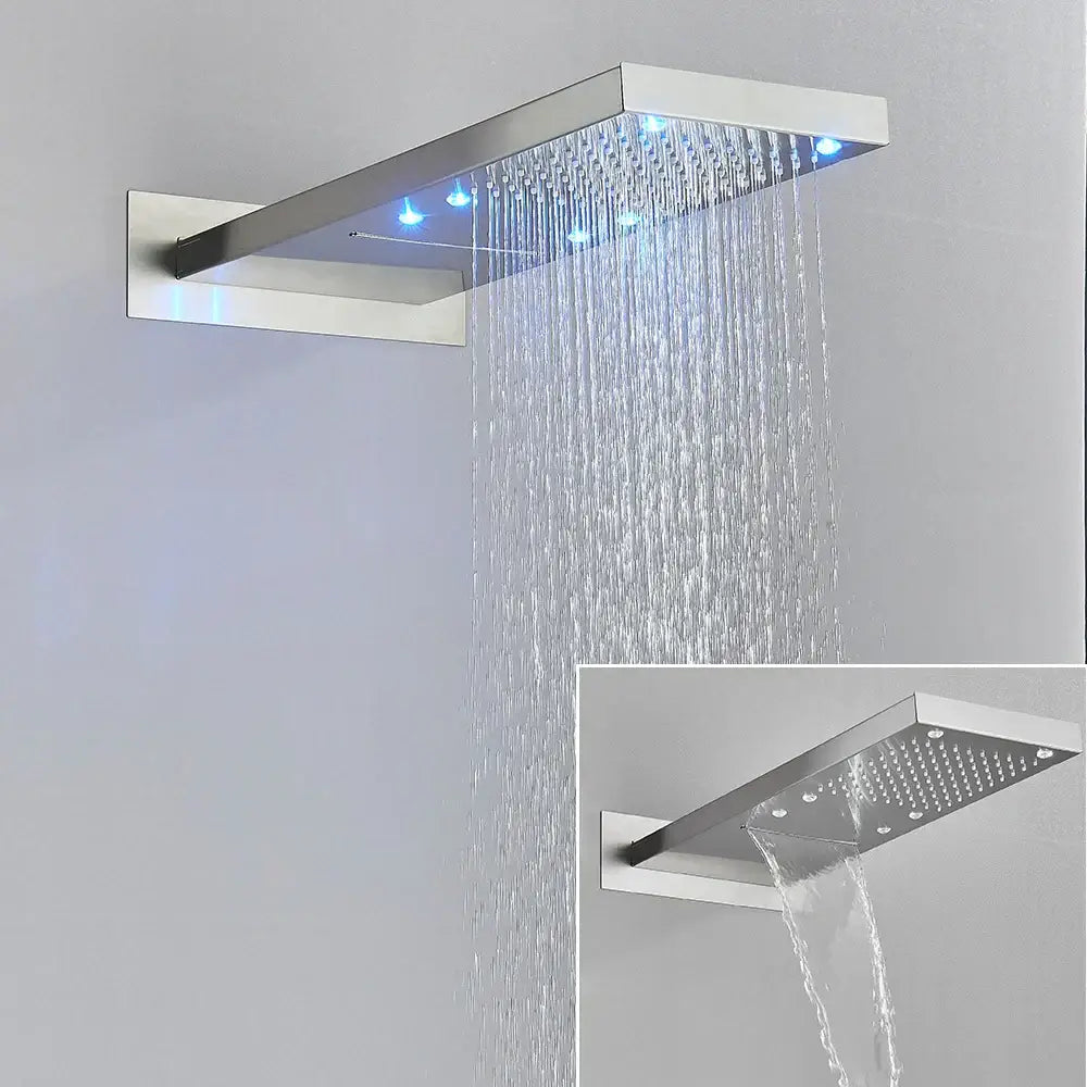 Modern led waterfall shower head with sleek chrome finish and integrated blue led lighting for bathroom faucet