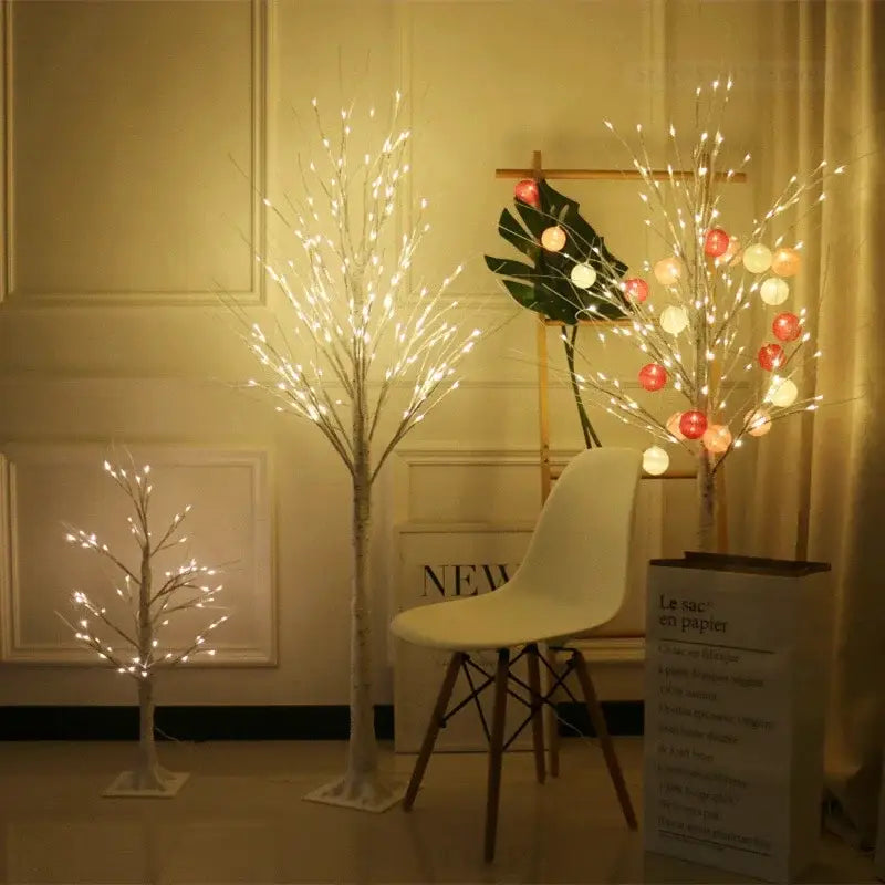 Modern led white birch tree table lamp with slender glowing branches and red white ornaments for living room decorbites led white