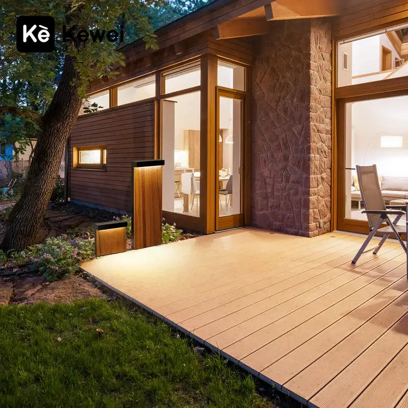 Modern led wood grain lawn light featuring wooden outdoor lanterns with sleek black tops and warm ambient lighting