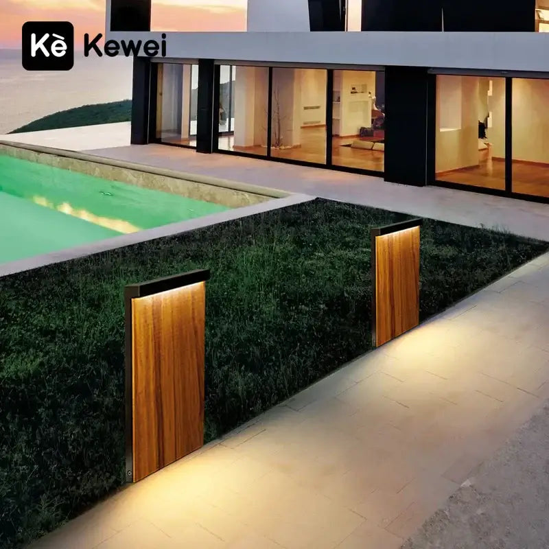 Modern led wood grain lawn light with sleek black frames and warm led illumination for garden pathway lighting