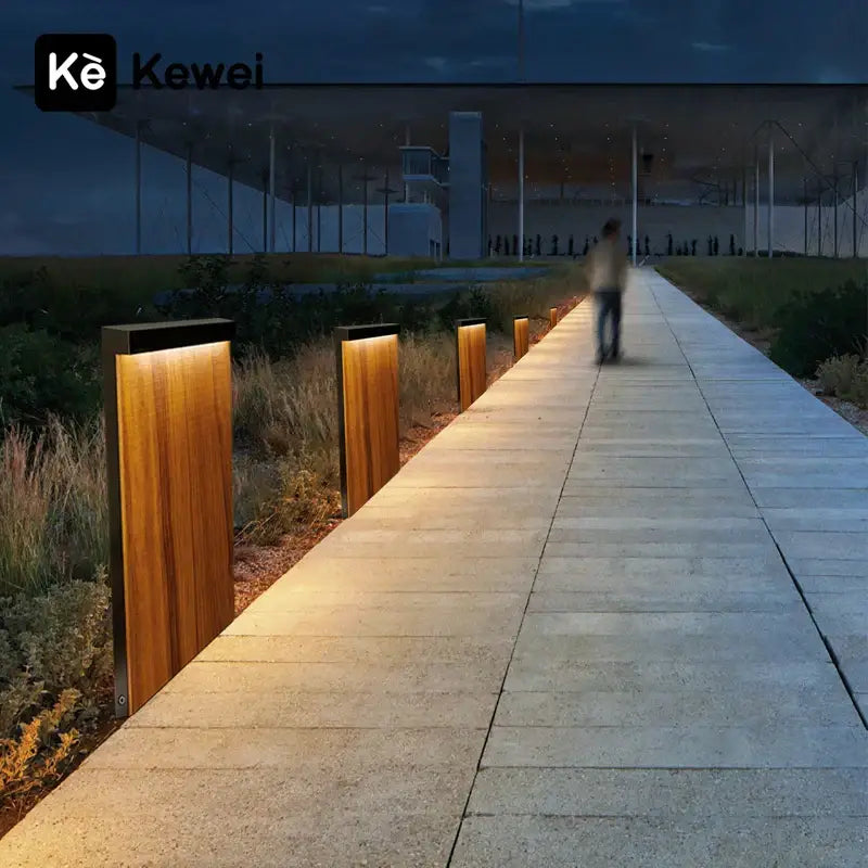 Modern led wood grain lawn light with sleek black frame and warm amber glow for garden pathways