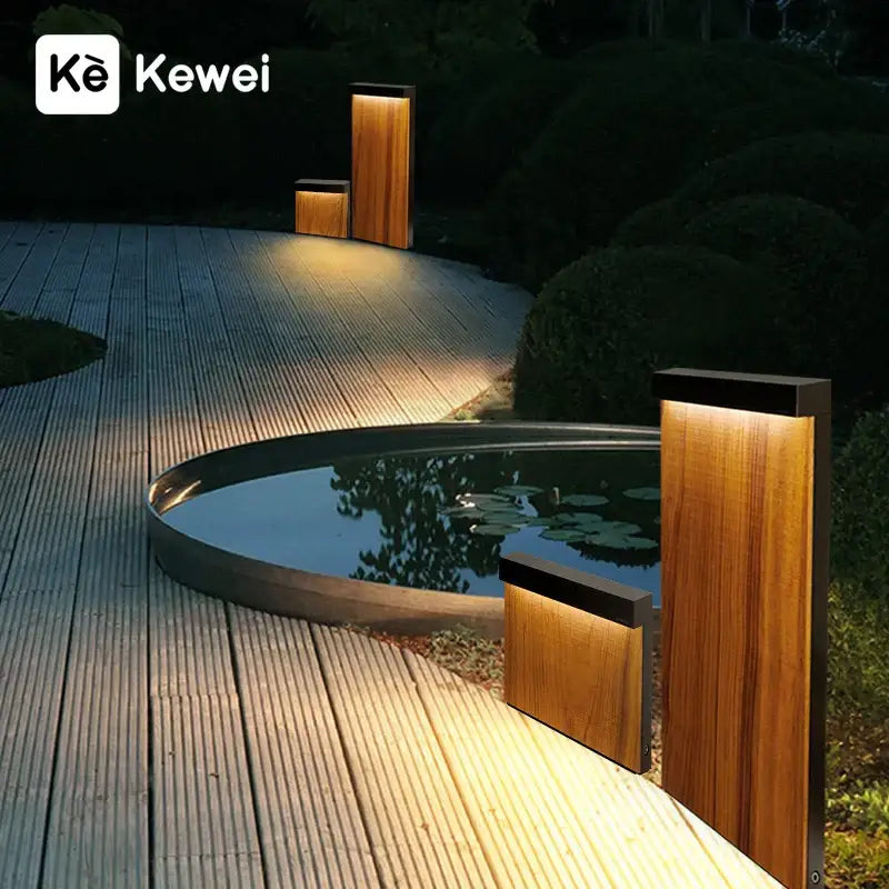 Modern led wood grain pathway lamp with wooden texture and sleek black tops providing warm ambient lawn light