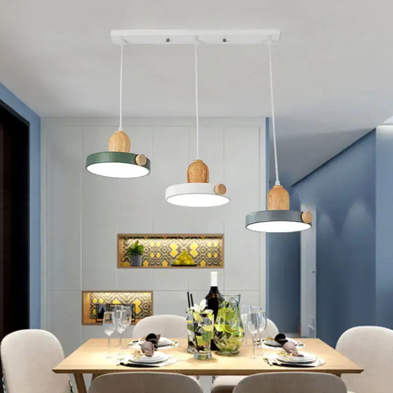 Modern led wood iron pendant light with wooden accents and circular white green and gray metal shades for bedroom decorbites led wood