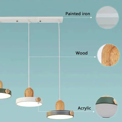 Modern led wood iron pendant light in green white and gray featuring painted iron wood and acrylic for bedroom decorbites led wood