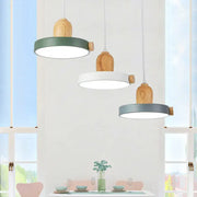 Three modern pendant light with wooden tops and circular green white and gray led wood iron shades for bedroom decorbites led wood