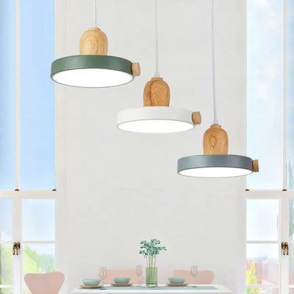 Three modern pendant light with wooden tops and circular green white and gray led wood iron shades for bedroom decorbites led wood