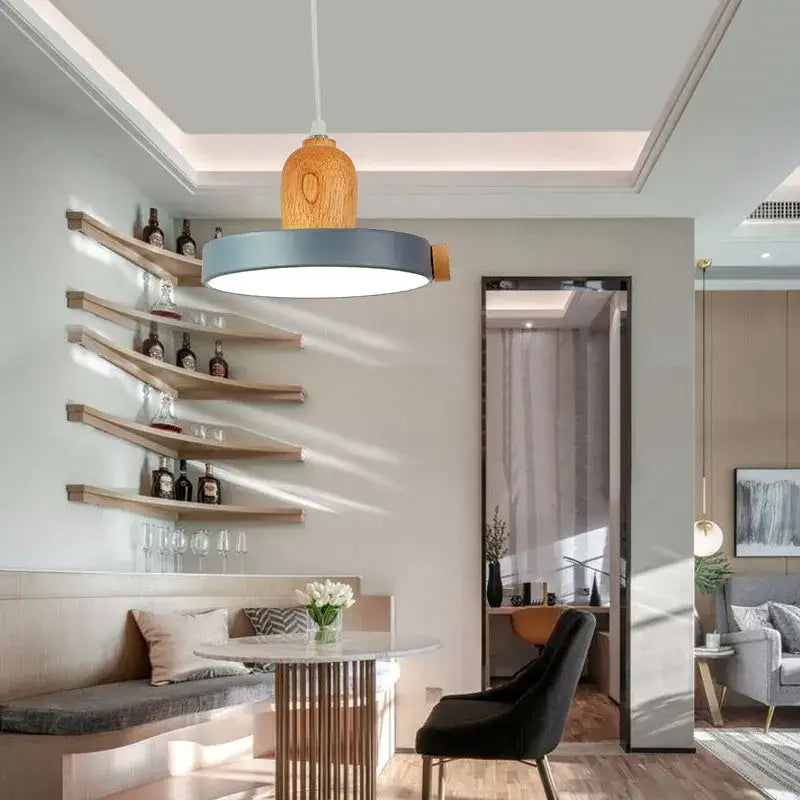 Modern pendant light with a warm wooden top and matte blue shade by decorbites led wood iron for bedroom decor