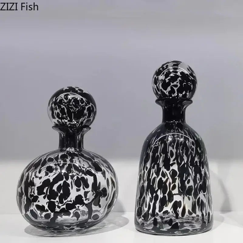 Two black and clear glass decanters with modern leopard texture for black and white dining room decorbites leopard texture