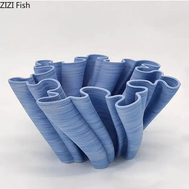 Modern light blue bud shape ceramic vase with 3d-printed coral decor and wavy layered ridges for living room