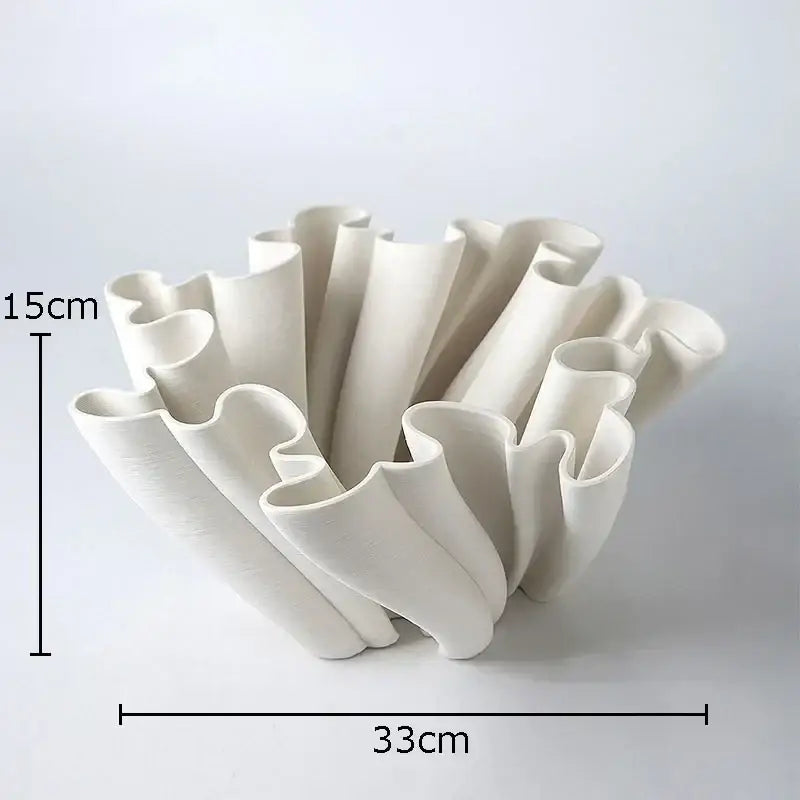 Modern light blue bud shape ceramic vase with sculptural white ruffled tube arms for living room decorbites decor