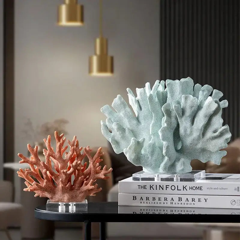 Modern light blue coral resin sculpture with textured porous surface and intricate branching for living room decor