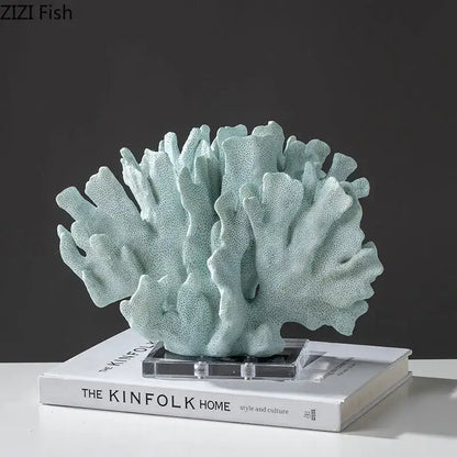 Modern light blue coral resin statue with intricate branching and porous texture for living room decoration