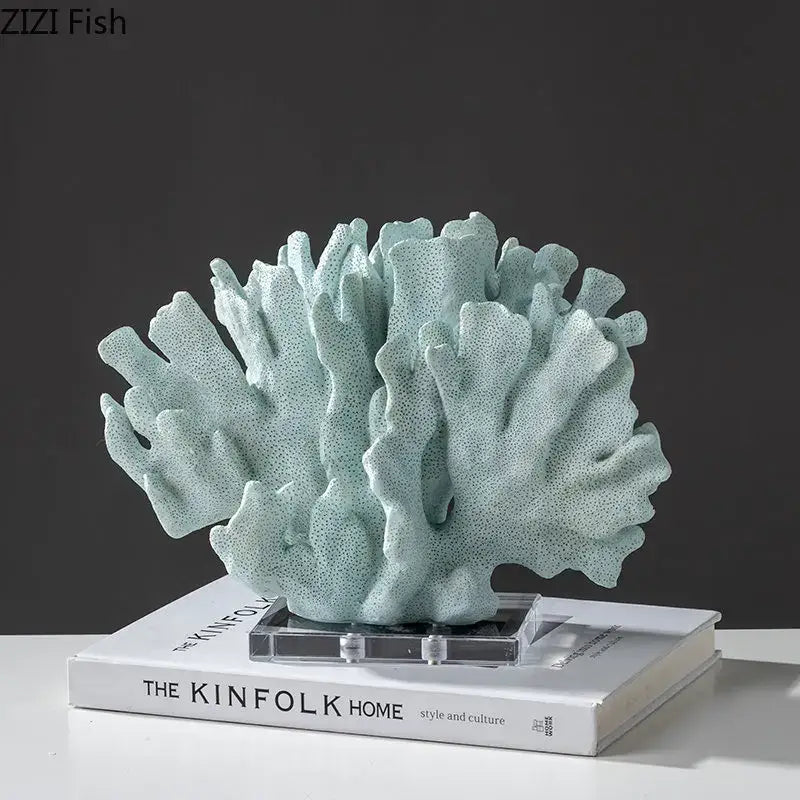 Modern light blue coral resin statue with intricate branching and porous texture for living room decoration