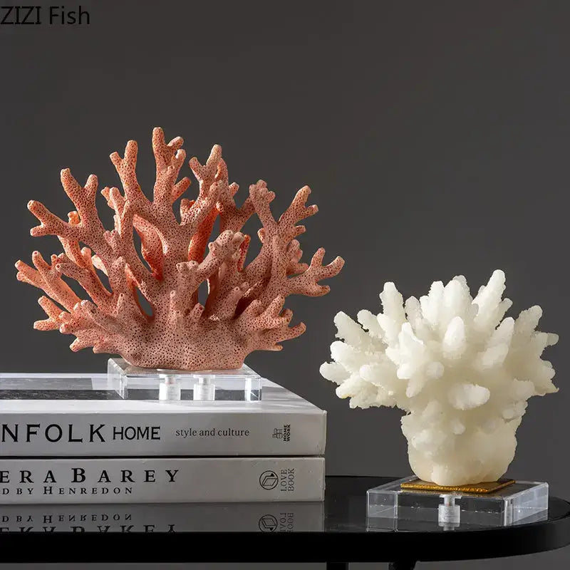 A peachy-pink coral resin statue with intricate branching details for modern living room decoration
