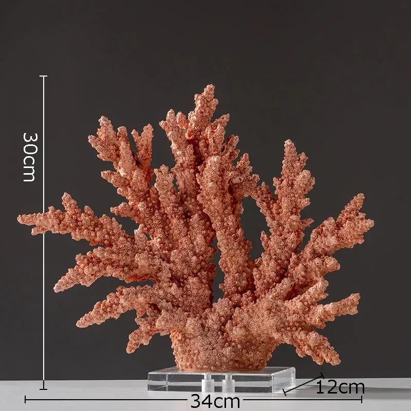 Modern light blue coral resin statue with textured orange-pink surface on clear acrylic base for living room decor